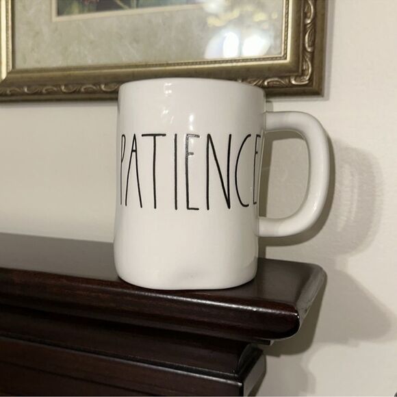 RAE DUNN. PATIENCE WHITE BLACK COFFE TEA HOT CHOCOLATE MUG - Picture 1 of 7
